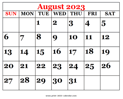 Printable 2023 August Calendar