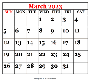 March 2023 Calendar - print 2023 calendar.